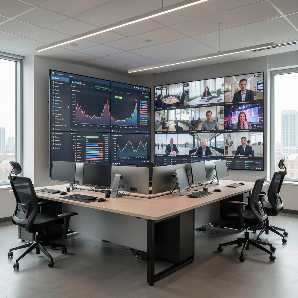 Moderan digitalni newsroom s velikim ekranima koji prikazuju analitiku u realnom vremenu, videonadzor i live streaming