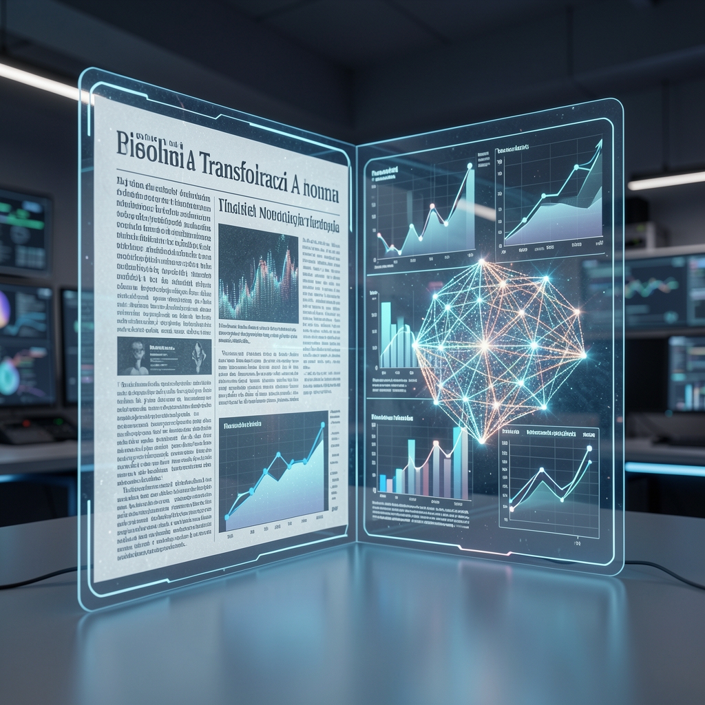 Futuristički prikaz digitalne transformacije medija — holografski zasloni s novinskim tekstovima, grafovi podataka i glittering neural mreže symbolizirajući AI u novinarstvu