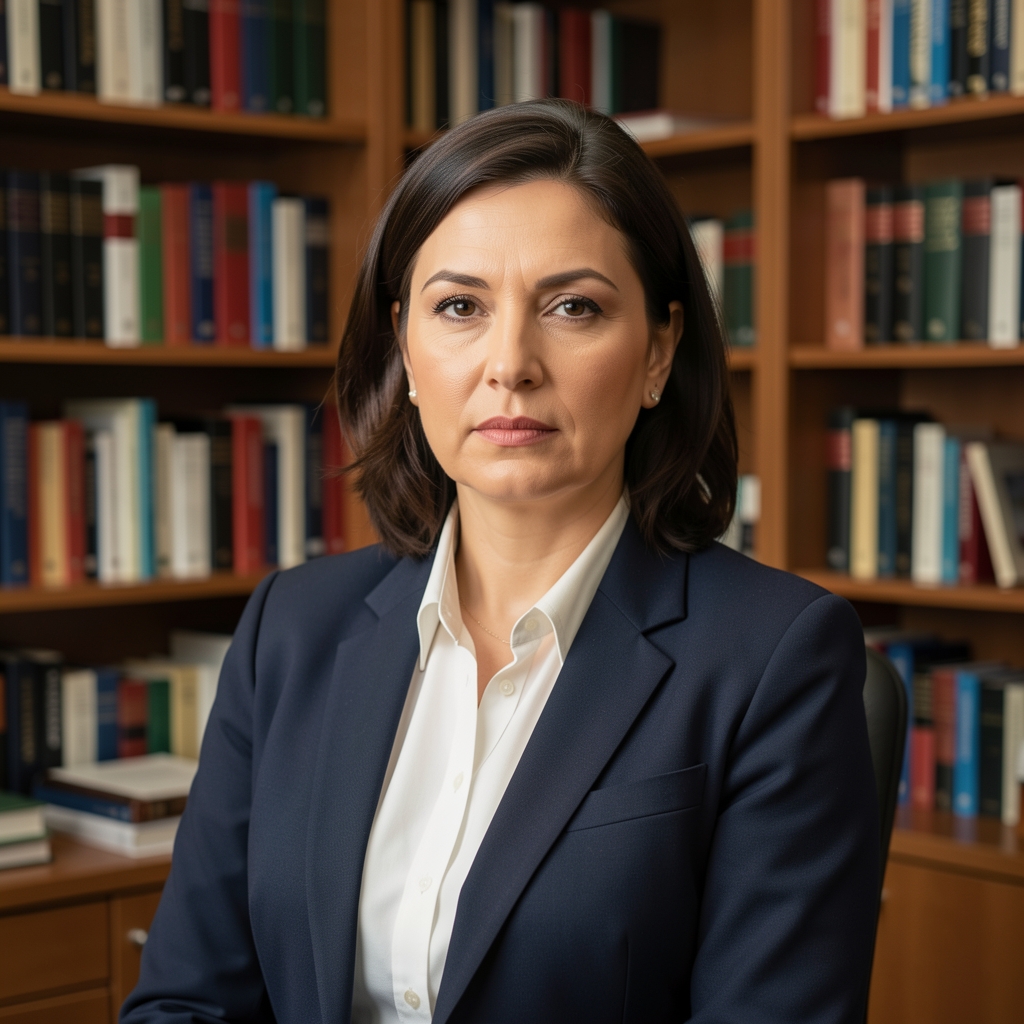 Urednica sjedinjenih novina u profesionalnom uredu, pozira za intervju s ozbiljnim izrazom lica, u pozadini polica s knjigama