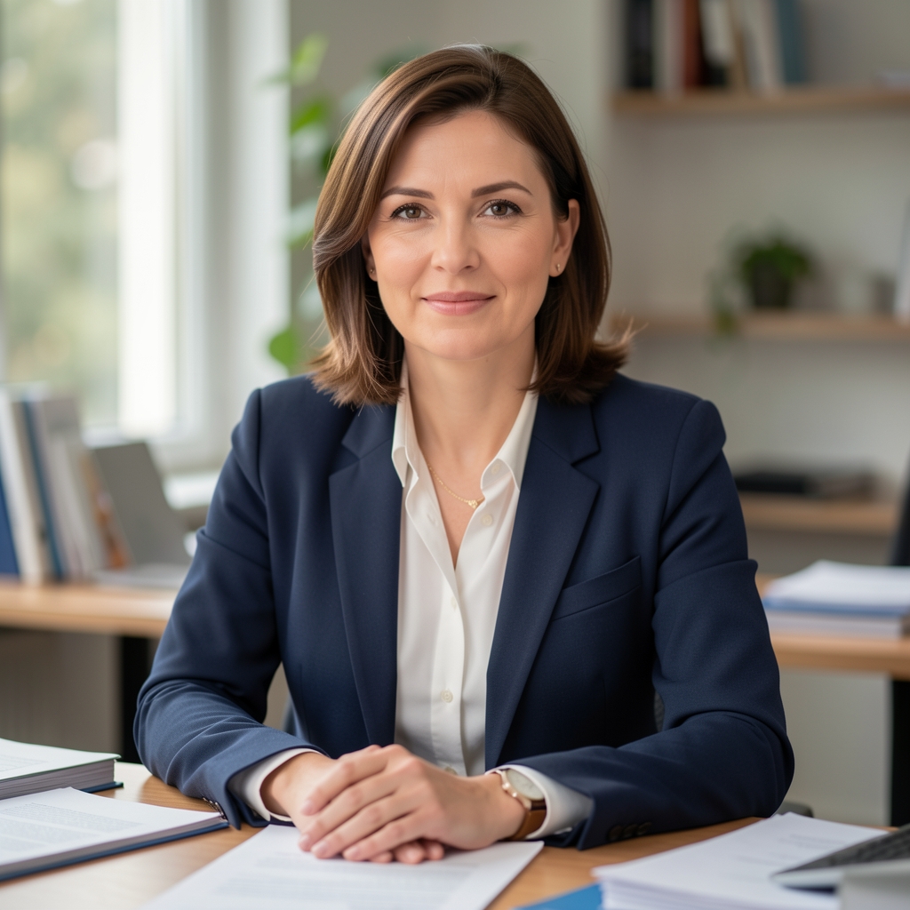 Portret analitičarke Ivane Jurić, žena u profesionalnoj odjeći, sjedinjuje na uredničkom stolu s dokumentima u pozadini