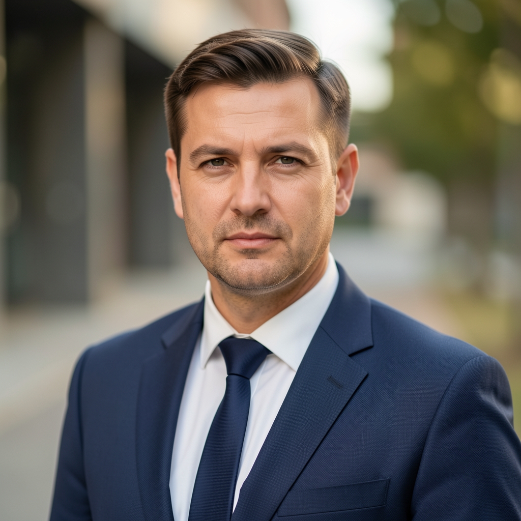 Portret urednika za digitalne medije Marka Petrovića, muškarac u pословном okruženju, ozbiljan profesionalni izraz