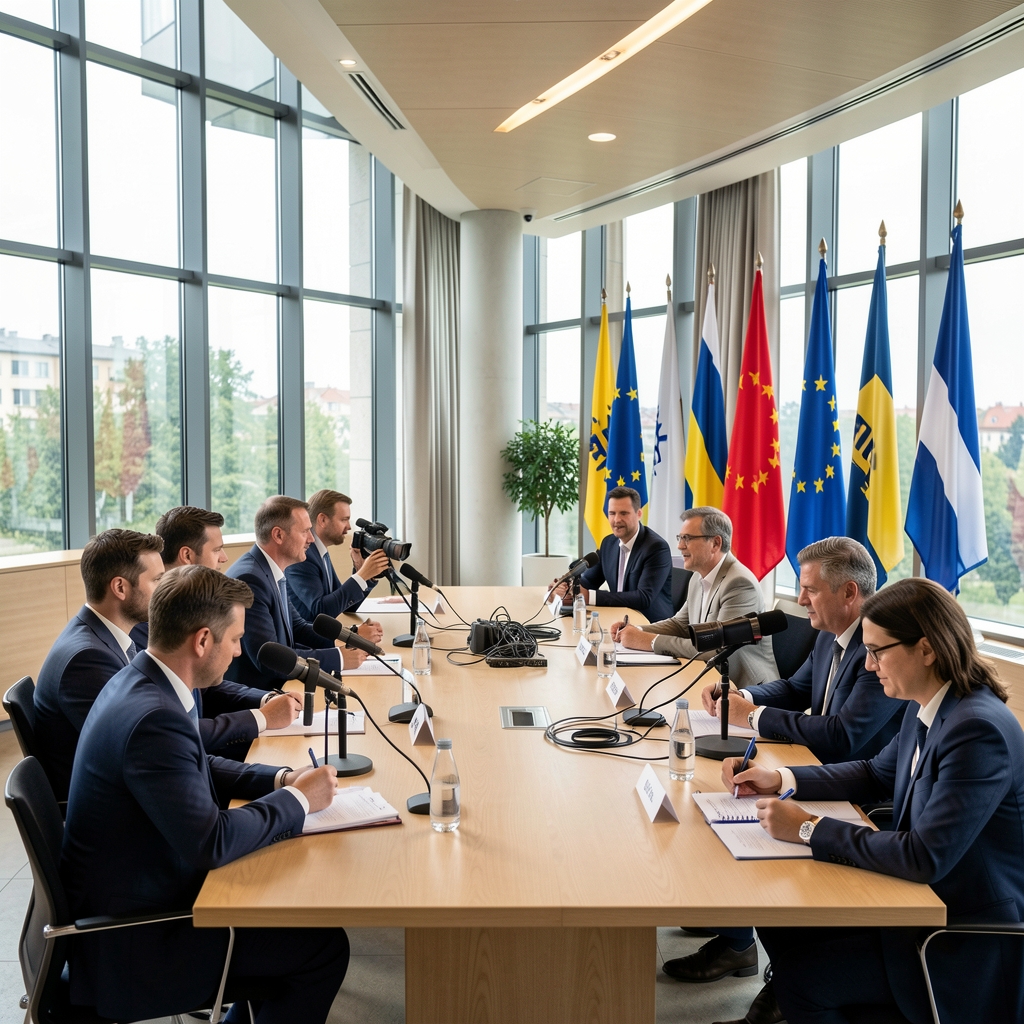 Novinarska konferencija u modernoj dvorani s novinarima koji sjede i bilježe izjave, pozadina s zastavama EU i HR